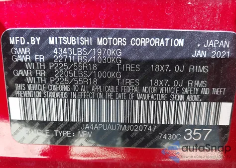 2021 Mitsubishi Outlander Sport 2.0 Be 2Wd/2.0 Es 2Wd/2.0 Le 2Wd/2.0 S 2Wd из США, поврежденный, VIN JA4APUAU7MU020747